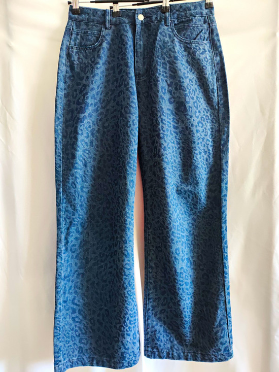 Unbranded Denim - Leopard Print Patterned Blue Denim Y2K Bold High-Waisted Wide Leg Jeans L